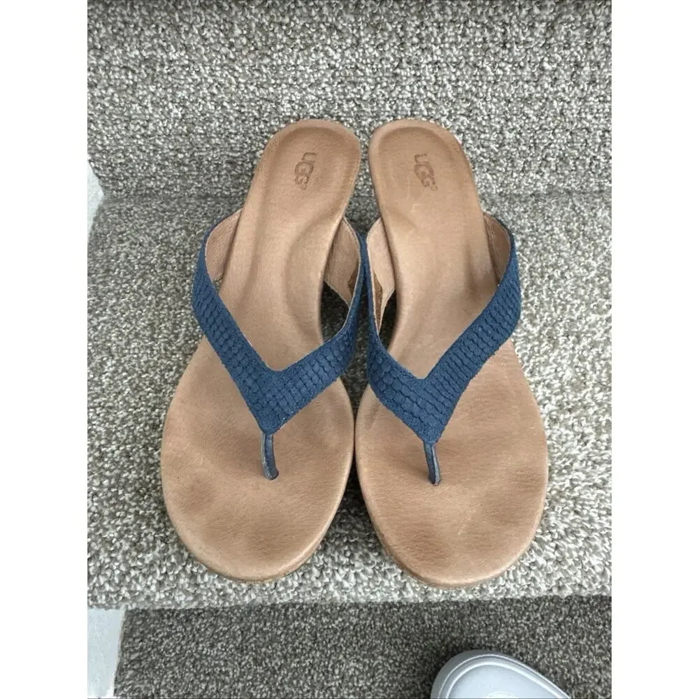 UGG Women's W Natassia Mar Wedge Sandal Cork Trim Navy Straps Size 8 Preowned